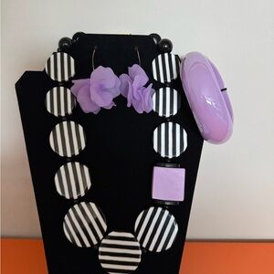 Striped Black and White Necklace Set with Purple Accents